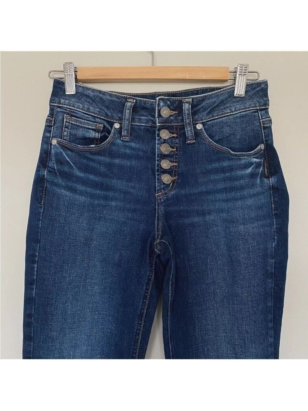 Silver Suki Bootcut Jeans Exposed Button Fly Size 27X33 Dark Wash Stretch